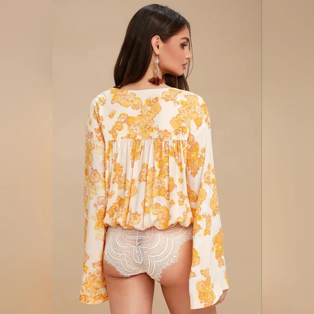 Free People Forties Feels Yellow Floral Print Tie-Front‎ Bodysuit